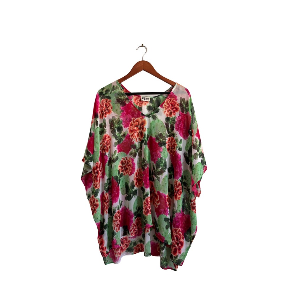 Mumu Kaftan Tunic Top Floral Cactus Print V Neck Oversized‎ Flowy